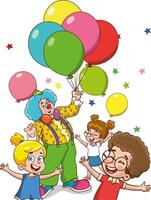 Vektor Illustration von ein Gruppe von Kinder spielen mit ein Clown und Luftballons