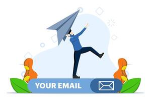 e-post prenumeration till skicka nyhetsbrev för produkt kampanjer och uppdateringar, affärsman sjösättning origami papper flygplan på e-post prenumeration form på hemsida, uppkopplad kommunikation och marknadsföring begrepp vektor