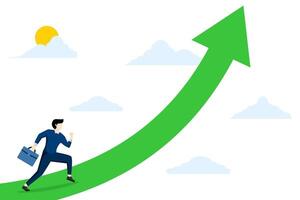 självsäker smart affärsman med portfölj gående på pilar stigande till de himmel, framsteg på arbete, karriär väg till tillväxt, prestation och Framgång på arbete eller ledarskap till vinna företag begrepp. vektor
