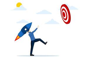 börja Framgång mål begrepp, ny produkt lansera syftar till till vinna företag prestation, marknadsföring mål eller mål, självsäker affärsman sjösättning ny raket till träffa dartboard mål på mål. vektor