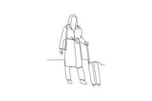 kontinuierlich einer Linie Zeichnung Reisen mit Tasche oder Koffer Konzept. Gekritzel Vektor Illustration.