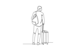 kontinuierlich einer Linie Zeichnung Reisen mit Tasche oder Koffer Konzept. Gekritzel Vektor Illustration.