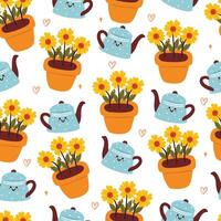 nahtlos Muster Karikatur Blume Topf und Wasser können Charakter. botanisch Hintergrund zum Textil, Geschenk wickeln Papier vektor