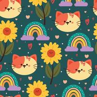 nahtlos Muster Karikatur Katze mit Blume und Himmel Element. süß Tier Hintergrund zum Textil, Geschenk wickeln Papier vektor