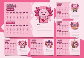 Kalender 2024 Jahr mit süß Axolotl Charakter. Quartal Kalender Vorlage zum 2024 Jahr. vektor