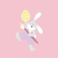 Lycklig påsk festival med djur- sällskapsdjur kanin kanin, paintbrush och ägg, pastell Färg, platt vektor illustration tecknad serie karaktär