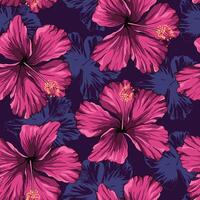 nahtlos Muster von lila Hibiskus Blumen zum Stoff Muster Design.lila Blumen- Hintergrund Vektor zum hawaiisch Hemd Designs.Illustration von tropisch botanisch Vegetation