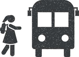 flicka studerande gå buss skola piktogram ikon vektor illustration i stämpel stil