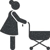 kvinna, spädbarn, parkera, promenad ikon vektor illustration i stämpel stil