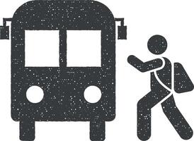 buss, pojke, skola, gå ikon vektor illustration i stämpel stil