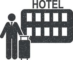 hotell, man, resa, gå ikon vektor illustration i stämpel stil