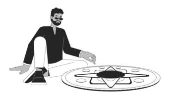 Afroamerikaner Mann Erstellen Muggu schwarz und Weiß 2d Linie Karikatur Charakter. schwarz männlich Erwachsene isoliert Vektor Gliederung Person. Hindu Festival von Beleuchtung Deepawali monochromatisch eben Stelle Illustration