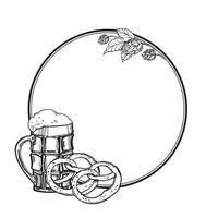 Hand gezeichnet Vektor Rahmen mit Bier Bier Brille und Brezel, hop Anlage, schwarz und Weiß Illustration von Oktoberfest mit Bier Zutat, eingefärbt skizzieren isoliert auf Weiß Hintergrund
