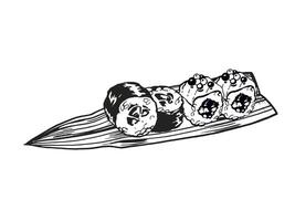 Vektor Illustration von japanisch Essen Thema mit Rollen, Sushi, sashimi, Wasabi und Bambus Blätter, Hand gezeichnet eingefärbt einfarbig skizzieren von Meeresfrüchte isoliert auf Weiß Hintergrund