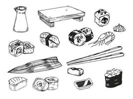 vektor uppsättning av japansk mat tema med rullar, sushi, sashimi, soja sås, ätpinnar, bambu löv, wasabi, räka, hand dragen illustration, inked svartvit skiss av skaldjur på vit bakgrund