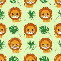 sömlös mönster med lejon och tropisk löv vektor
