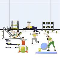 Fitnessstudio mit Sport Ausrüstungen mit Mann und Frauen. Bodybuilding trainieren, Innere Fitnessstudio zum physisch Wellness, Athlet Aktivität auf Ausrüstung zum Ausbildung, Dehnen und aktiv. Vektor Illustration