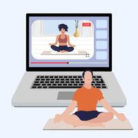 yoga meditation uppkopplad, leva ström sport, leva Träning, kondition utgör. illustration lektion yoga, asana kropp, sport leva Träning, kondition utgör placera vektor