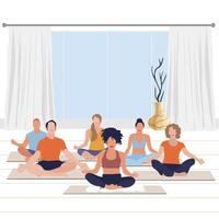 meditieren Yoga Klasse, Ruhe Übung und entspannen. Vektor Aktivität Buddhismus, Charakter Kerl und Frau auf Yoga Lektion, Illustration Pose entspannen Asana Yoga Meditation