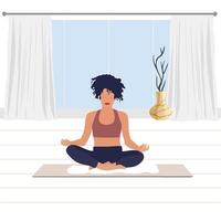 kvinna mediterar i rum, andas och meditation. vektor yoga kondition Sammanträde på golv, koncentration öva och fritid illustration