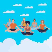 människor meditera i utgör lotus, sväva i moln himmel. vektor meditation, övning flicka kondition illustration