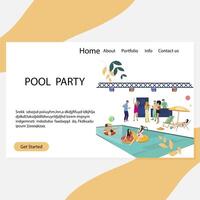 Schwimmbad Party Landung Buchseite, Luxus und vip Sommer- Disko. Vektor Party Disko, Menschen tanzen und trinken Illustration. Elite Verein mit Schwimmbad und cool DJ, Ferien Veranstaltung