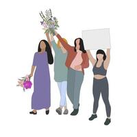 Frauen Gruppe mit Blumen und Plakate, Kampf zum Frieden und Frau Rechte. weiblich Menge mit Banner, Geschlecht Mannschaft Karikatur, Dame Bewegung Schwesternschaft Illustration vektor