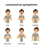 tecken och symtom på coronaviruset. hosta, feber, nysningar, huvudvärk, andningssvårigheter, muskelvärk, symptom på coronavirus vektor