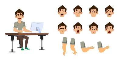 Zeichensatz für Büroangestellte. Gelegenheitsarbeiter-Mann-Zeichensatz für Animation oder Bewegung mit verschiedenen Gesichtsgefühlen und Händen vektor
