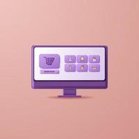 stationär dator online shopping eccomerce design med 3d-ikonelement för marknadsföring och företag vektor