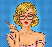 Vektor-Pop-Art-Illustration Frau malt ihre Lippen. vektor