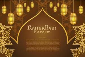 elegant Glanz Hintergrund und Poster Ramadan kareem mit Gradient Stil und realistisch Symbol vektor