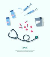 flache Illustration medizinische Geräte, Medizinstethoskope und Flaschenimpfstoffe vektor