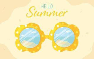 Sommer- Sonnenbrille Poster Design Vektor Illustration. Hallo Sommer- Banner. Sonnenbrille auf das Sand, hell Sommer- Hintergrund