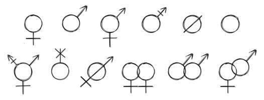 Gekritzel Symbole von Geschlecht Symbole und Kombinationen. Sexual- Orientierung Symbole. Geschlecht einstellen Symbole von Mann, Frau, Fröhlich, lesbisch, bisexuell, Transgender usw. Vektor eben Design isoliert auf Weiß Hintergrund.