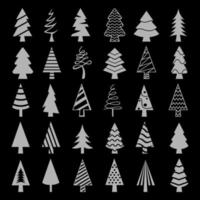 30 Stück abstrakte Weihnachtsbäume in verschiedenen geometrischen Formen auf dunklem Hintergrund - Vektor