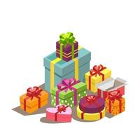 Neujahrsgeschenke, ein Haufen Geschenke in hellen Verpackungen, Schleifen aus Seidenbändern auf bunten Schachteln. Weihnachtsüberraschungsgeometrie, Winterschlussverkauf, Webvorlage - Vektor