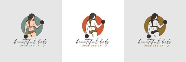 Silhouette und Strichzeichnungen des schönen Frauenkörpers und der weiblichen Fitness-Logo-Vorlagensammlung vektor