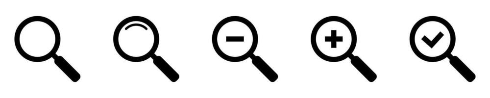Vergrößerung Glas einfach Symbol Sammlung. Suche Symbol Satz, Zoomen im und Zoomen aus Symbole. Lupe oder Lupe mit prüfen Kennzeichen unterzeichnen. Vektor Illustration.