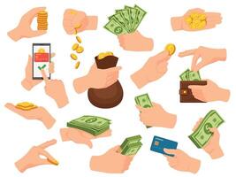 Hände halt Kasse. Mensch Arm geben Geld und Zahlen im Dollar Rechnung Banknoten, Münze Haufen, Karte und Telefon App. Hand mit Brieftasche und Tasche Vektor einstellen