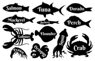 Fisch und Meeresfrüchte Silhouetten zum Jahrgang Logo oder Etikette Symbole. Ozean Lachs, Thunfisch, Dorado und Hummer, Garnele und Tintenfisch. Meer Essen Vektor einstellen