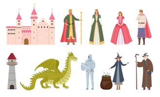 saga tecken. tecknad serie medeltida prins och prinsessa, drake, riddare, häxa och trollkarl. magi kunglig slott, drottning och kung vektor uppsättning