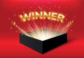 Gewinner glühend Box mit golden Bänder und Konfetti. Überraschung Karton isoliert auf rot zum Veranstaltung Feier vektor