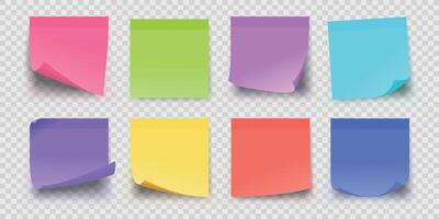 realistisk kontor klibbig papper påminnelse anteckningar i färger. lim fyrkant PM sidor för Viktig meddelanden. klistermärke posta anteckningsblock vektor uppsättning