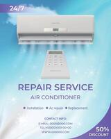 Luft Conditioner System Reparatur Bedienung Promo Flyer. Werbung Poster mit realistisch Teilt Schlag kalt Wind, Schnee und Fernbedienung Vektor Vorlage