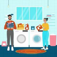 glückliche Frau Wäsche. Mann hilft der Frau beim Waschen. Vektor-Illustration im flachen Cartoon-Stil vektor