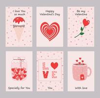 Satz Valentinskarten. Vektor-Illustration. Eis, Herzglas, Blume, Tasse Kaffee, Liebe, Herzen vektor