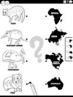 Match Tiere und Kontinente Aufgabe Malbuchseite vektor