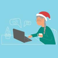 Großmutter mit Laptop kommuniziert vor Weihnachten online mit Kindern. Senioren- und Technologiekonzept. Vektor-Illustration. vektor