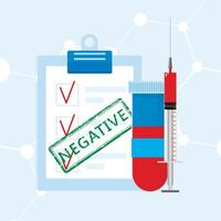 Negativ Ergebnis von Prüfung Blut, prüfen oben und positiv Nachrichten von Analyse. Vektor Illustration. medizinisch Pflege, Medizin Papier, Diagnose überprüfen, Umfrage Karte, Fragebogen Blatt, Blut prüfen